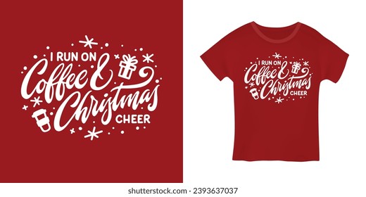 Corro en café y Navidad alegre diseño de camisetas festivas divertidas. Impresión de tipografía dibujada a mano relacionada con las vacaciones de Navidad. Ilustración vectorial.