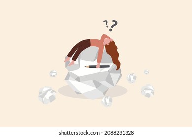 Run out of idea and imagination, lack of motivation or uninspired causing time wasted, failure and mistake concept, overwhelmed creative woman lie down on crumpled paper after fail of idea creation.