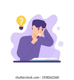 run out of ideas, need inspiration, problems and solutions. illustration of male students being confused to answer questions and thinking about getting answers. flat style. vector design