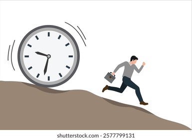 Run out of time, work deadline, time countdown or time management concept, tried businessman running away from falling rolling huge clock down hill.
