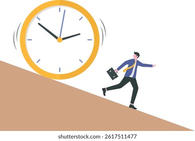 Run out of time, work deadline, time countdown or time management concept, tried businessman running away from falling rolling huge clock down hill.

