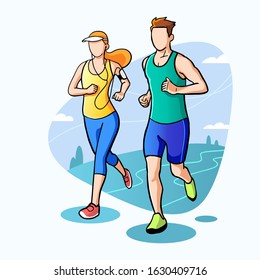 Run in the Park. Running woman and man