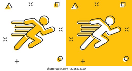 Run people icon in comic style. Jump cartoon vector illustration on white isolated background. Fitness splash effect business concept.