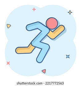 Run people icon in comic style. Jump cartoon vector illustration on white isolated background. Fitness splash effect business concept.
