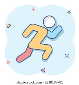 Run people icon in comic style. Jump cartoon vector illustration on white isolated background. Fitness splash effect business concept.