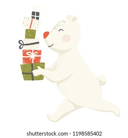 Run polar bear with gift box scandinavian card. Christmas and New year character. Cartoon vector for party invitation, holiday poster design, sale banner