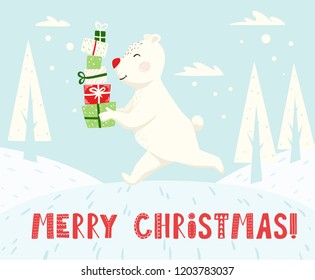 Run polar bear with gift box scandinavian card. New year delivery. Merry Christmas slogan. Winter landscape vector illustration for party invitation, holiday design, sale banner