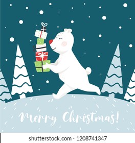Run polar bear with gift box scandinavian card. New year delivery. Merry Christmas slogan. Winter night snow landscape vector illustration for party invitation, holiday design, sale banner