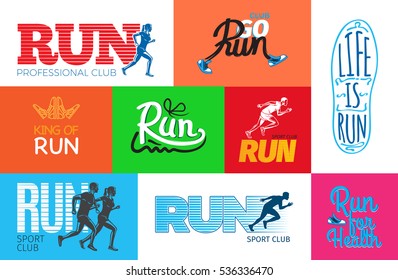 Run professional club for health. King of run. I love sport club. Running a fan. Get up and run. Wake up and run. Set of colorless pictures. Poster. Vector