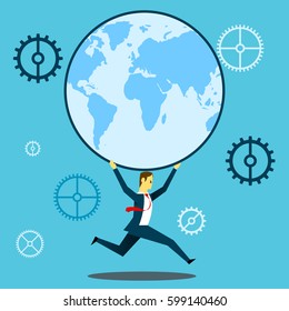 Run up progress. Businessman running with a globe. Concept business vector illustration.
