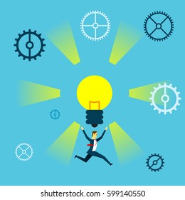 Run up progress. Businessman running lights burning bright idea. Concept business vector illustration.