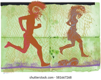 Run punk, run - an hand drawn vector. Running bone gentleman and jumping bone lady behind the fence. Freehand sketching. Vector is easy editable in layers and groups.