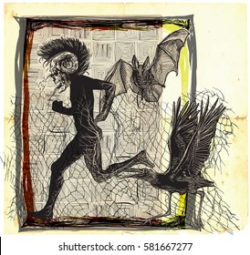 Run punk, run - an hand drawn vector. Running bone gentleman behind the fence. Freehand sketching. Vector is easy editable in layers and groups.