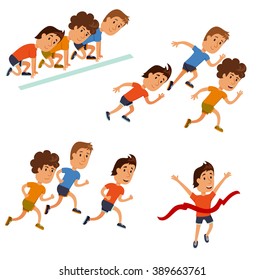 Run race. Running competition. Sprint marathon. Cartoon character. Starting line and finish set. Group of athletes.