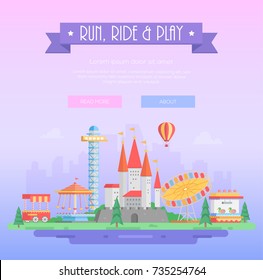 Run, ride and play - modern vector illustration on lilac urban background with place for text. Title on purple ribbon. Attractions, trees, circus pavilion, castle. Amusement park concept
