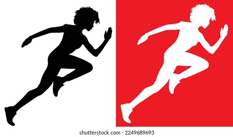 Run, running female  vector silhouette. Runner profile. Sprinter is gaining momentum at start