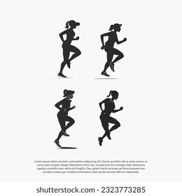 Run. Running girl or women, vector set of isolated silhouettes black and white for animation or poster resizeable vector