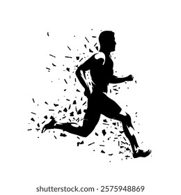 Run, running man, isolated vector silhouette with dispersion effect, side view. Runner clip art