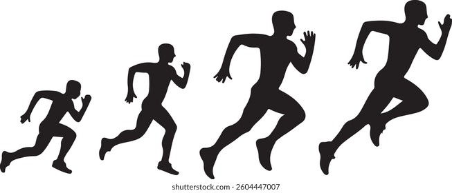 Run. Running men, vector set of isolated silhouettes