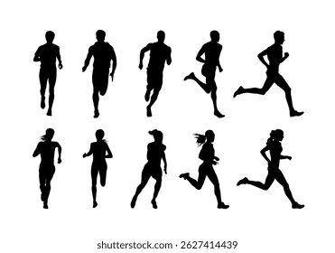 Run, running men and women, group of isolated vector silhouettes. Track and field athletes
