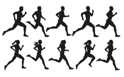 Lauf. Laufende Männer Und Frauen, Vektorgrafik Von Isolierten Silhouetten