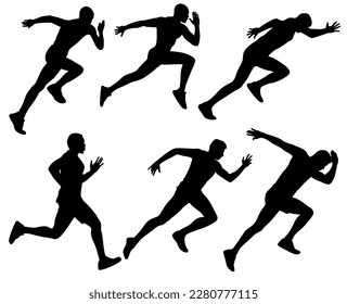 Run. Running men and women, vector set of isolated silhouettes, white background