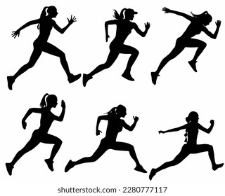 Run. Running men and women, vector set of isolated silhouettes, white background