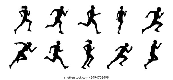 Run. Running men and women, vector set of isolated silhouettes