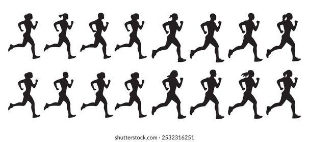 Run. Running men and women, vector set of isolated silhouettes.