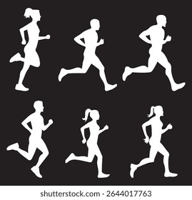 Run. Running men and women, vector set of isolated silhouettes on dark Background. EPS 10.