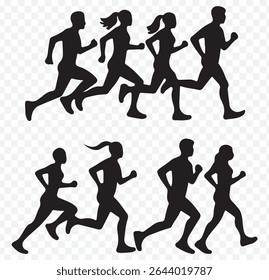 Run. Running men and women, vector set of isolated silhouettes on transparent Background. EPS 10.