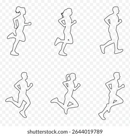 Run. Running men and women, vector set of isolated silhouettes on transparent Background. EPS 10.