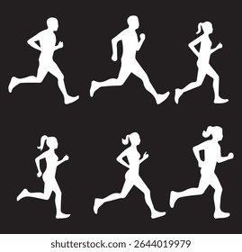 Run. Running men and women, vector set of isolated silhouettes on dark Background. EPS 10.