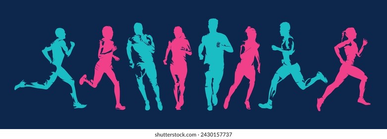 Run, running people. Group of runners - men and women. Set of isolated vector silhouettes, front and side view