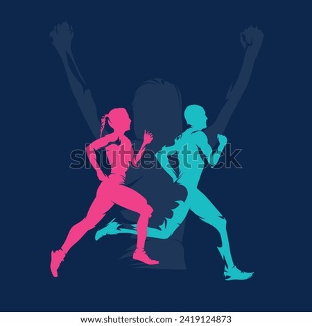 Run, running people - man and woman - isolated vector silhouette, side view