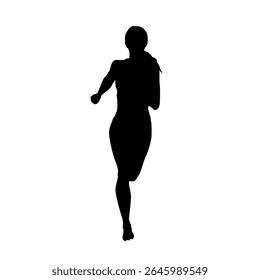 Run, running woman, front view, isolated vector silhouette