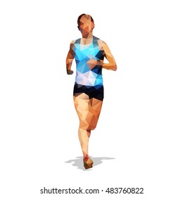 Run, running woman, geometrical vector silhouette. Summer sport. Polygonal runner, front view