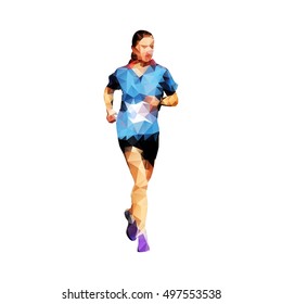 Run, running woman, geometrical vector silhouette. Summer sport. Polygonal runner, front view