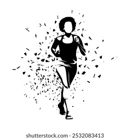 Run, running woman, isolated distorted vector silhouette, ink drawing. Female runner