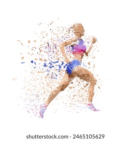 Run, running woman, isolated low poly vector illustration with shatter effect, side view