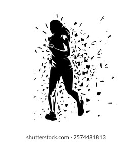 Run, running woman, isolated vector silhouette with dispersion effect. Sports