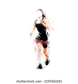 Run, running woman logo, low polygonal isolated vector illustration, front view. geometric drawing
