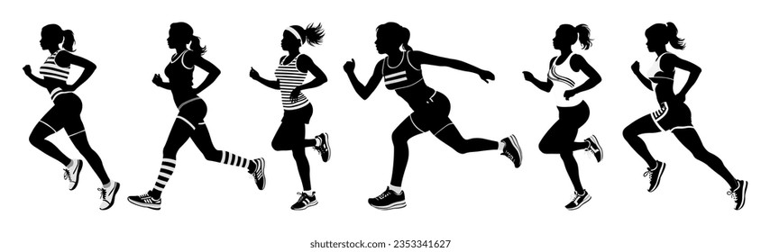 Run. Running women, vector set of isolated silhouettes