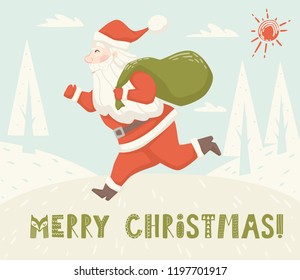 Run Santa Claus bag scandinavian card. New year. Merry Christmas slogan. Winter landscape vector illustration for party invitation, holiday design, sale banner