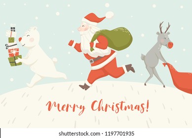 Run Santa Claus reindeer, and bear with gift box and bag scandinavian card. New year. Merry Christmas slogan. Winter landscape vector illustration for party invitation, holiday design, sale banner