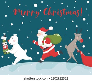 Run Santa Claus reindeer, and bear with gift box and bag. New year delivery. Merry Christmas slogan. Winter landscape vector illustration for party invitation, holiday design, sale banner
