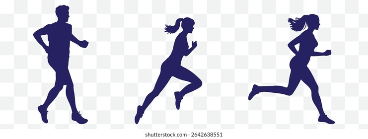 Run, set of running people, isolated vector silhouettes. Group of men and women runners eps 10