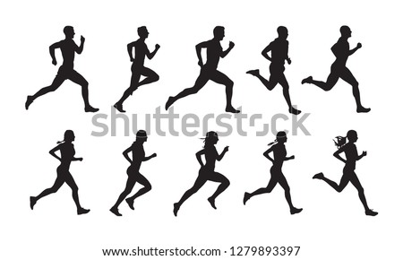 Run, set of running people, isolated vector silhouettes. Group of  men and women runners