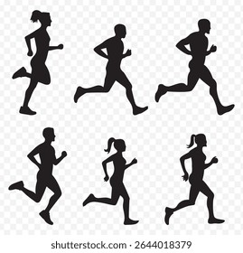 Run. Set of silhouettes of running men and women. Active people on Transparent Background. EPS 10.