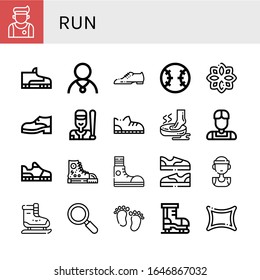 run simple icons set. Contains such icons as Athlete, Footwear, Shoes, Baseball, Rune, Shoe, Foot, Running shoes, Sneakers, Basketball player, can be used for web, mobile and logo